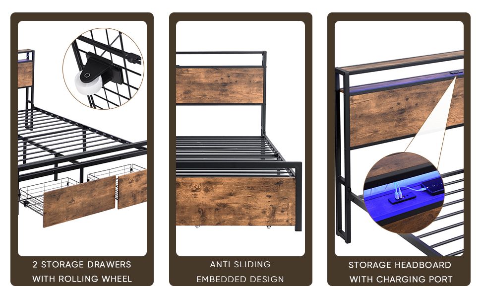Queen Size Bed Frame with Storage Headboard and 2 Drawers, LED Lights Bed with Charging Station, Metal Platform Bed No N image 19