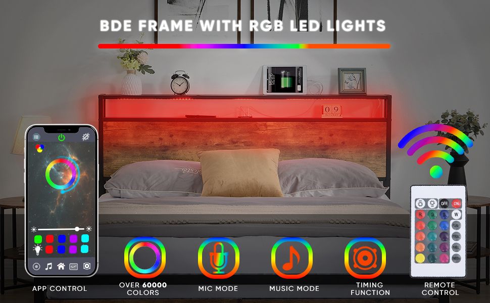 Queen Size Bed Frame with Storage Headboard and 2 Drawers, LED Lights Bed with Charging Station, Metal Platform Bed No N image 16