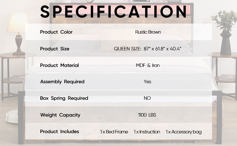 Queen Size Bed Frame with Storage Headboard and 2 Drawers, LED Lights Bed with Charging Station, Metal Platform Bed No N image 18