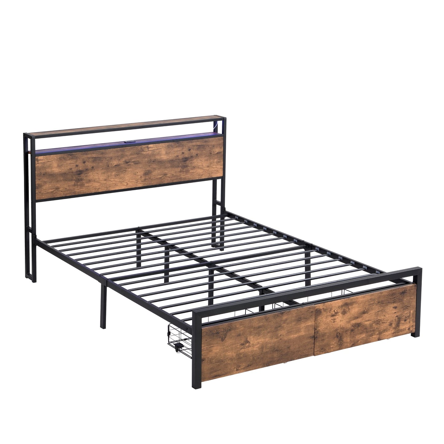 Queen Size Bed Frame with Storage Headboard and 2 Drawers, LED Lights Bed with Charging Station, Metal Platform Bed No N image 12