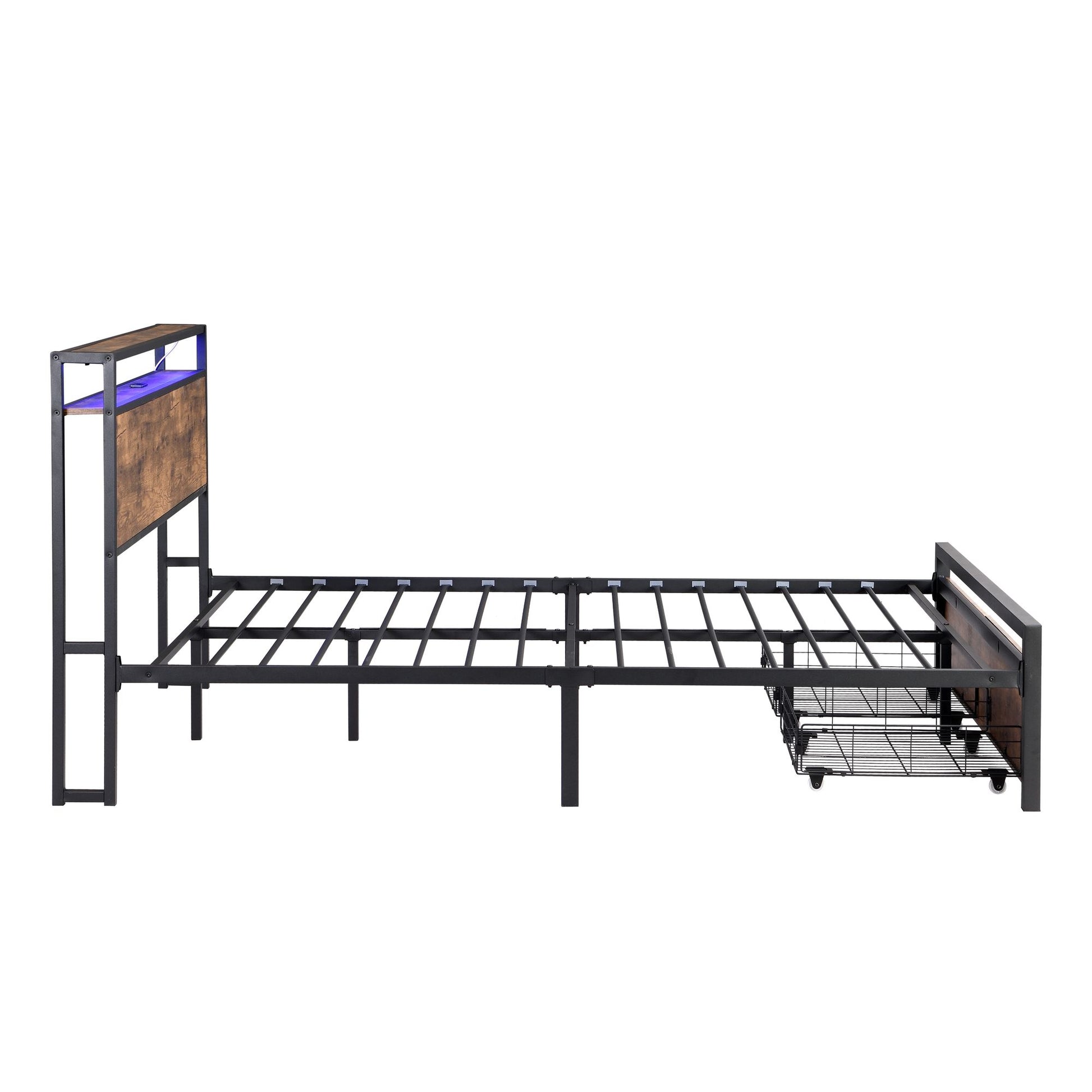 Queen Size Bed Frame with Storage Headboard and 2 Drawers, LED Lights Bed with Charging Station, Metal Platform Bed No N image 11