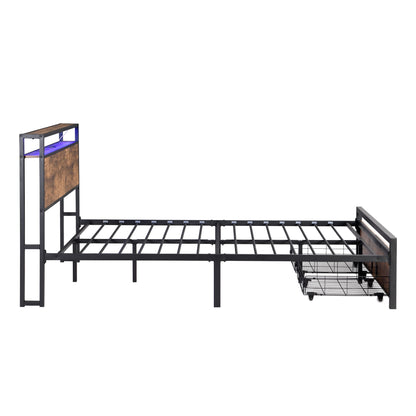 Queen Size Bed Frame with Storage Headboard and 2 Drawers, LED Lights Bed with Charging Station, Metal Platform Bed No N image 11