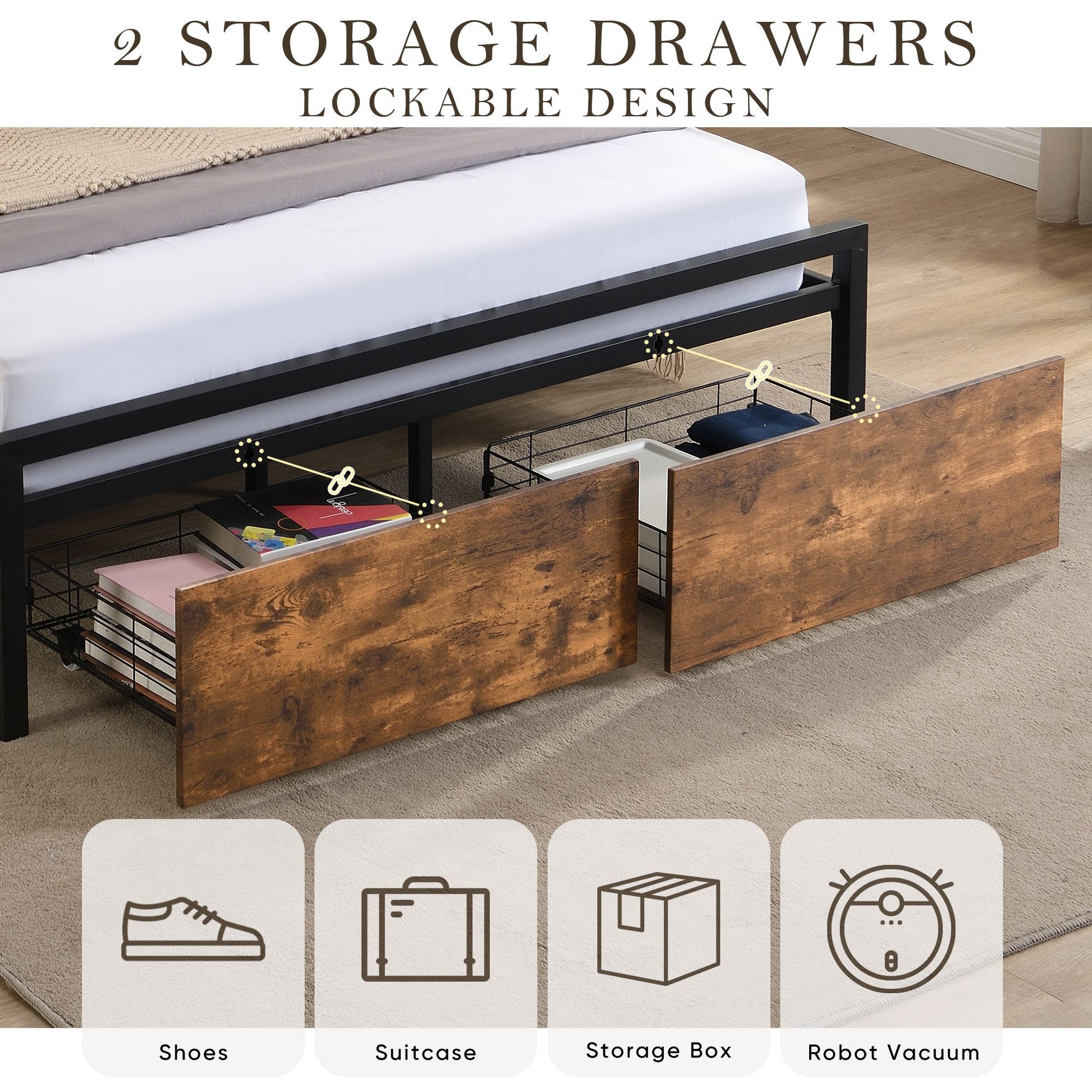 Queen Size Bed Frame with Storage Headboard and 2 Drawers, LED Lights Bed with Charging Station, Metal Platform Bed No N image 8