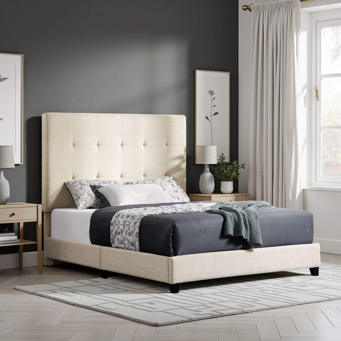 Queen Size Beige Tufted Upholstered Platform Bed image 2