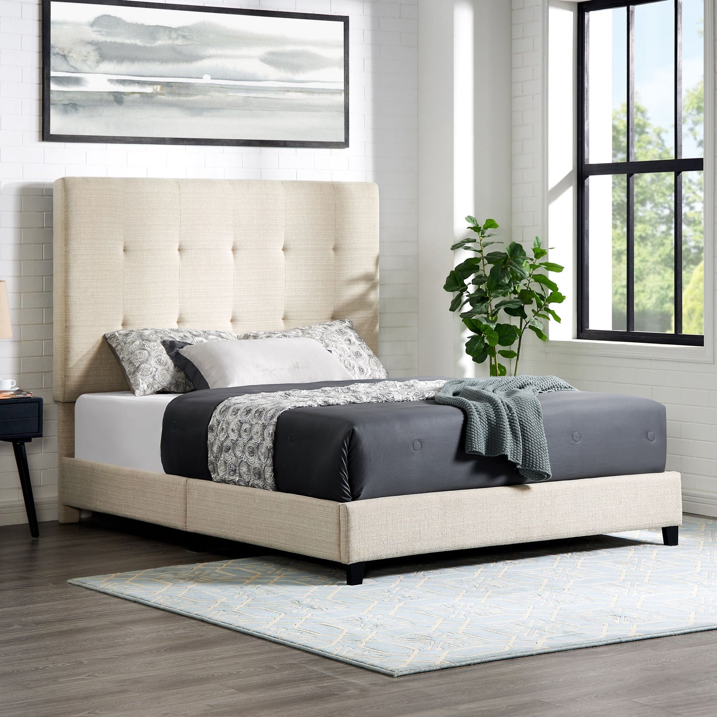 Queen Size Beige Tufted Upholstered Platform Bed image 4