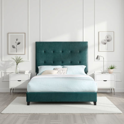 Queen Size Green Velvet Tufted Upholstered Platform Bed image 1