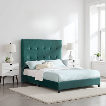 Queen Size Green Velvet Tufted Upholstered Platform Bed image 2