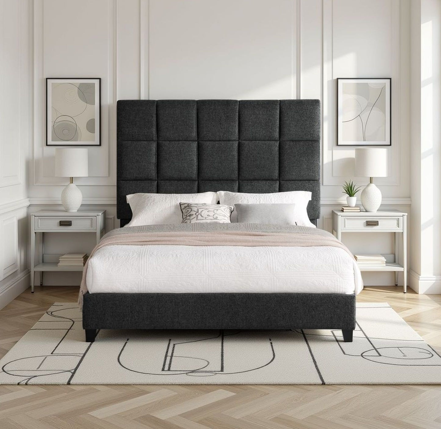 Queen Size Grey Squares Upholstered Platform Bed image 1