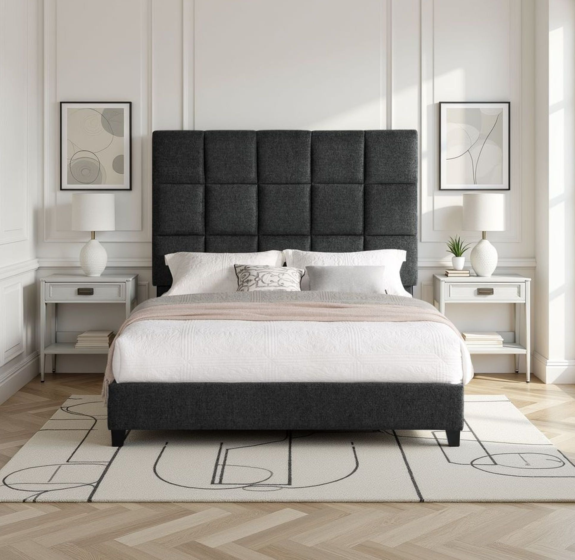 Queen Size Grey Squares Upholstered Platform Bed image 1