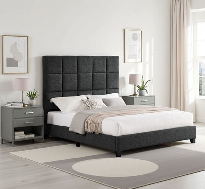 Queen Size Grey Squares Upholstered Platform Bed image 2