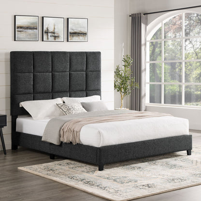 Queen Size Grey Squares Upholstered Platform Bed image 4