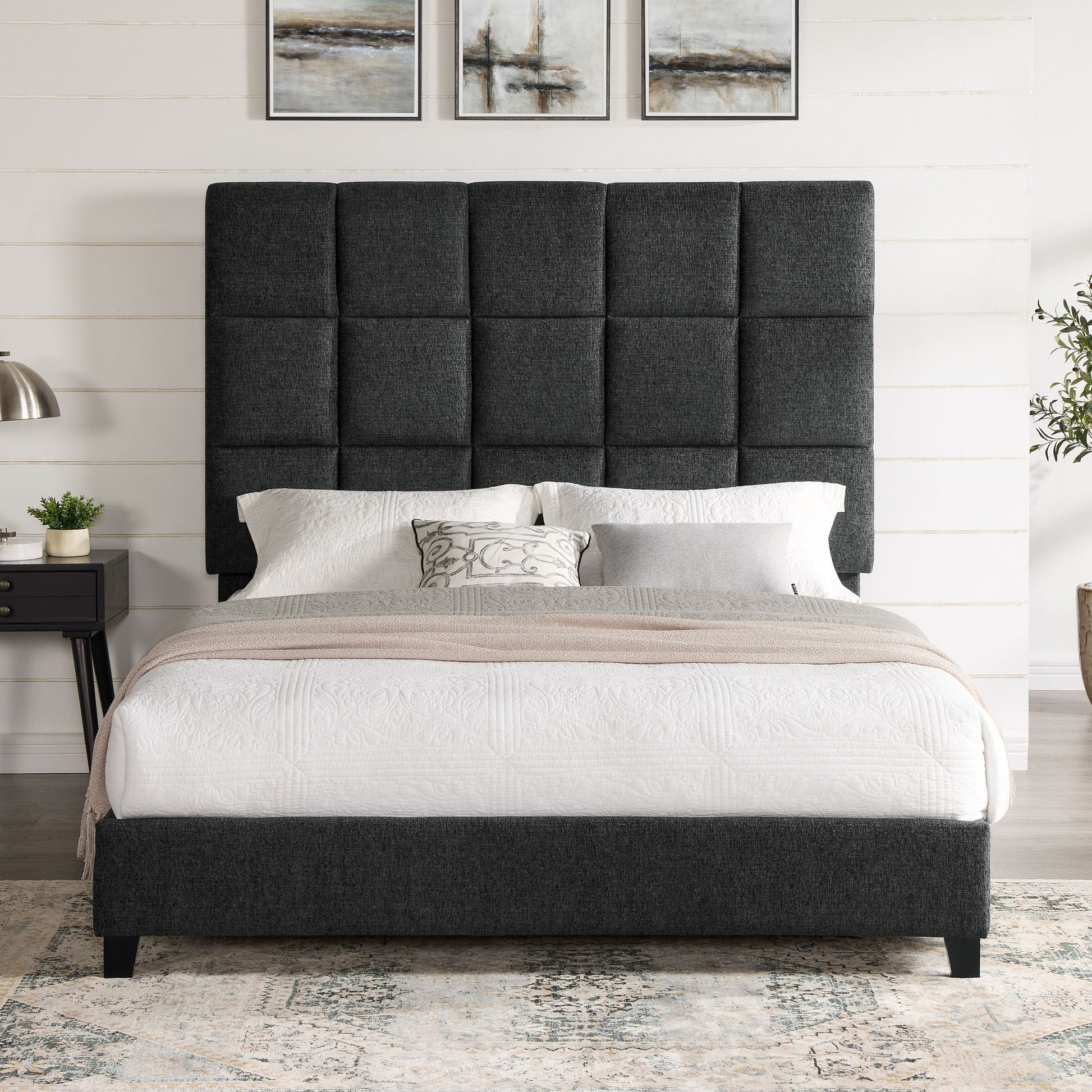 Queen Size Grey Squares Upholstered Platform Bed image 3