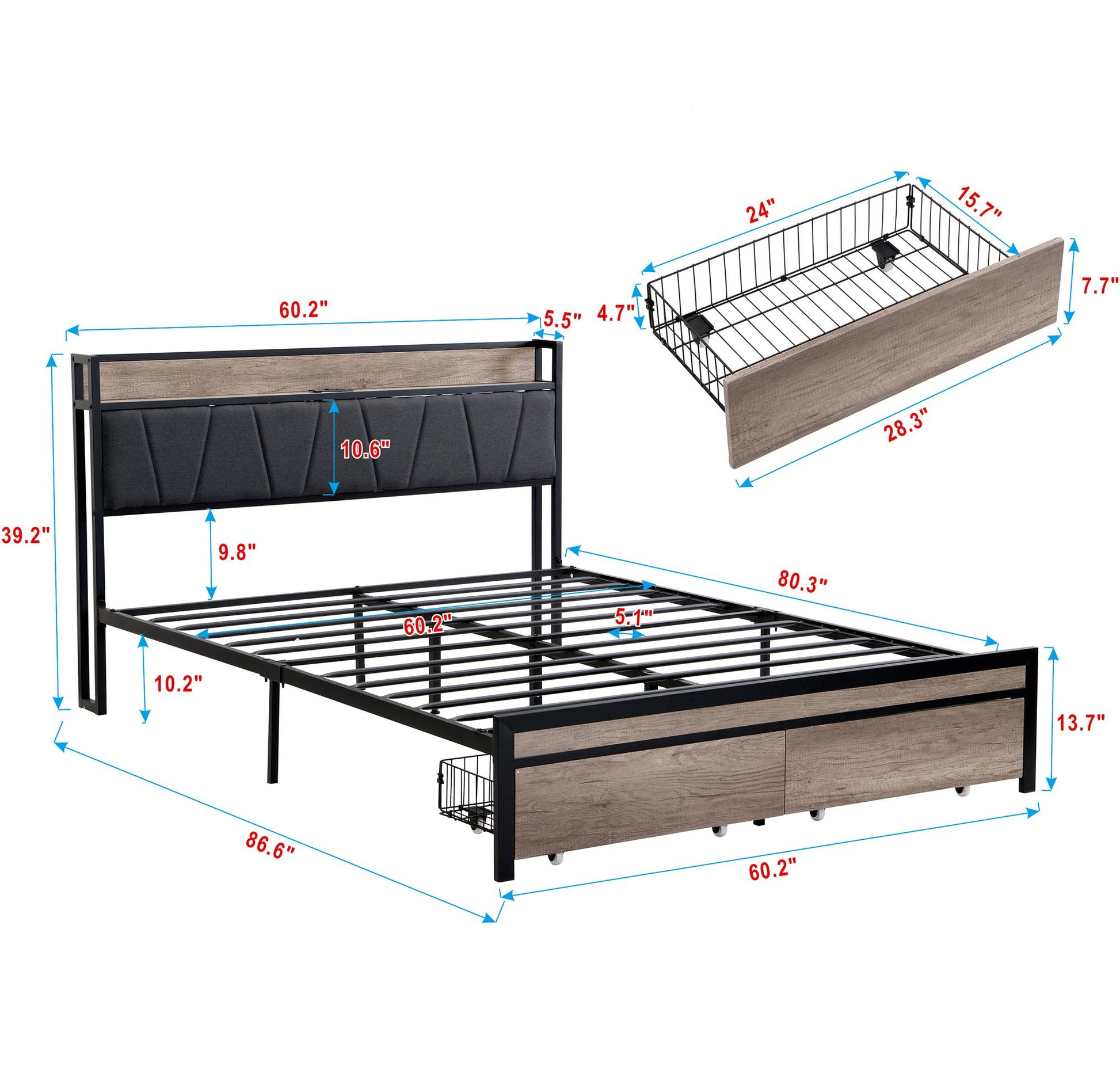 Queen Size Metal Platform Bed Frame with upholstery storage function Headboard and USB LINER and Footboard with drawers  image 14