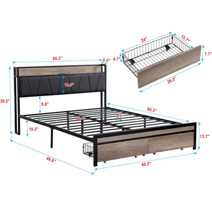 Queen Size Metal Platform Bed Frame with upholstery storage function Headboard and USB LINER and Footboard with drawers  image 14