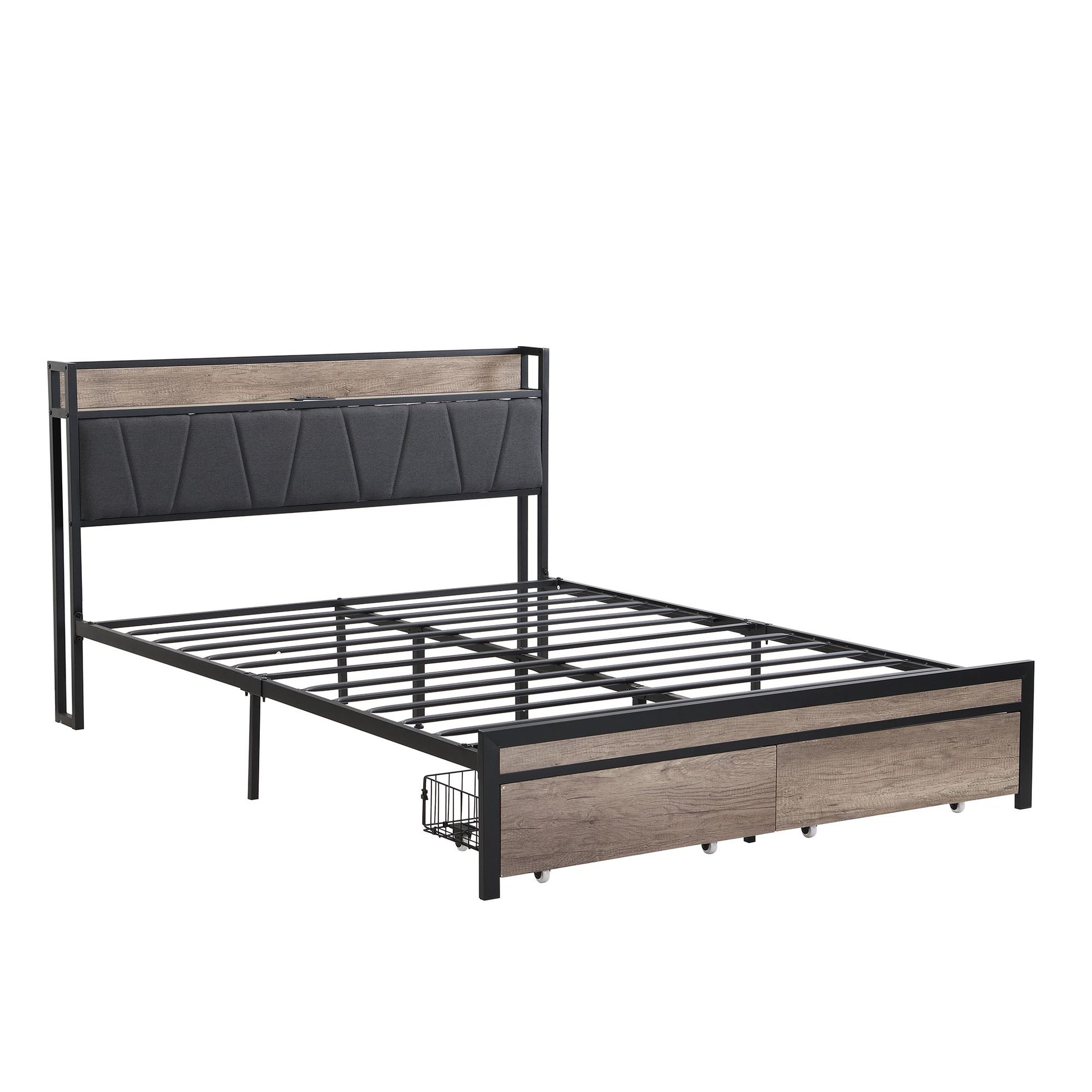 Queen Size Metal Platform Bed Frame with upholstery storage function Headboard and USB LINER and Footboard with drawers  image 4