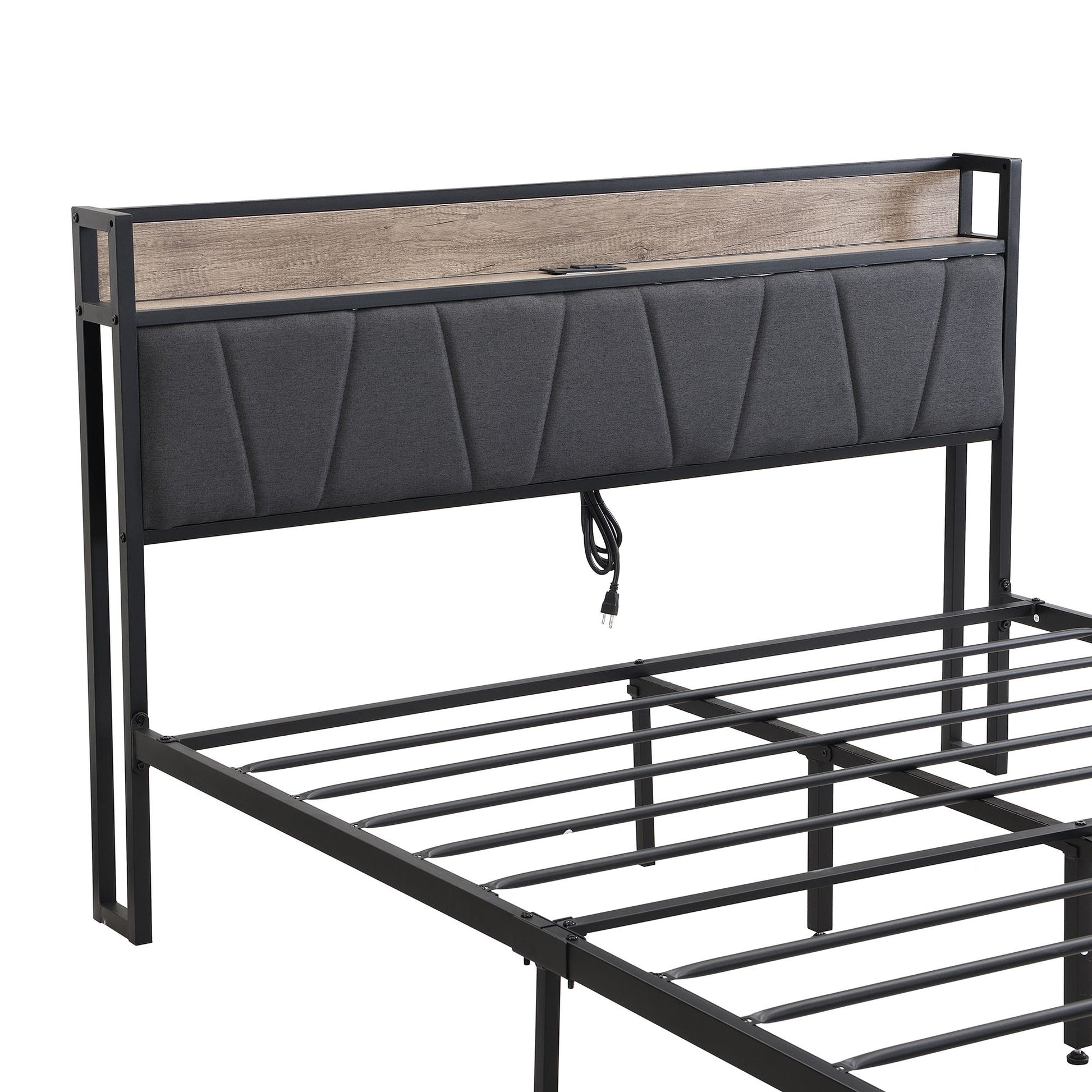 Queen Size Metal Platform Bed Frame with upholstery storage function Headboard and USB LINER and Footboard with drawers  image 8