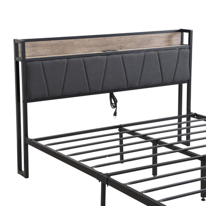 Queen Size Metal Platform Bed Frame with upholstery storage function Headboard and USB LINER and Footboard with drawers  image 8