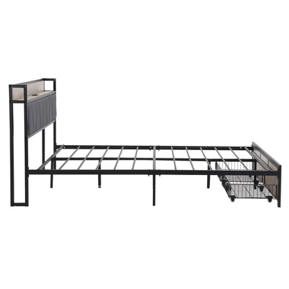 Queen Size Metal Platform Bed Frame with upholstery storage function Headboard and USB LINER and Footboard with drawers  image 6