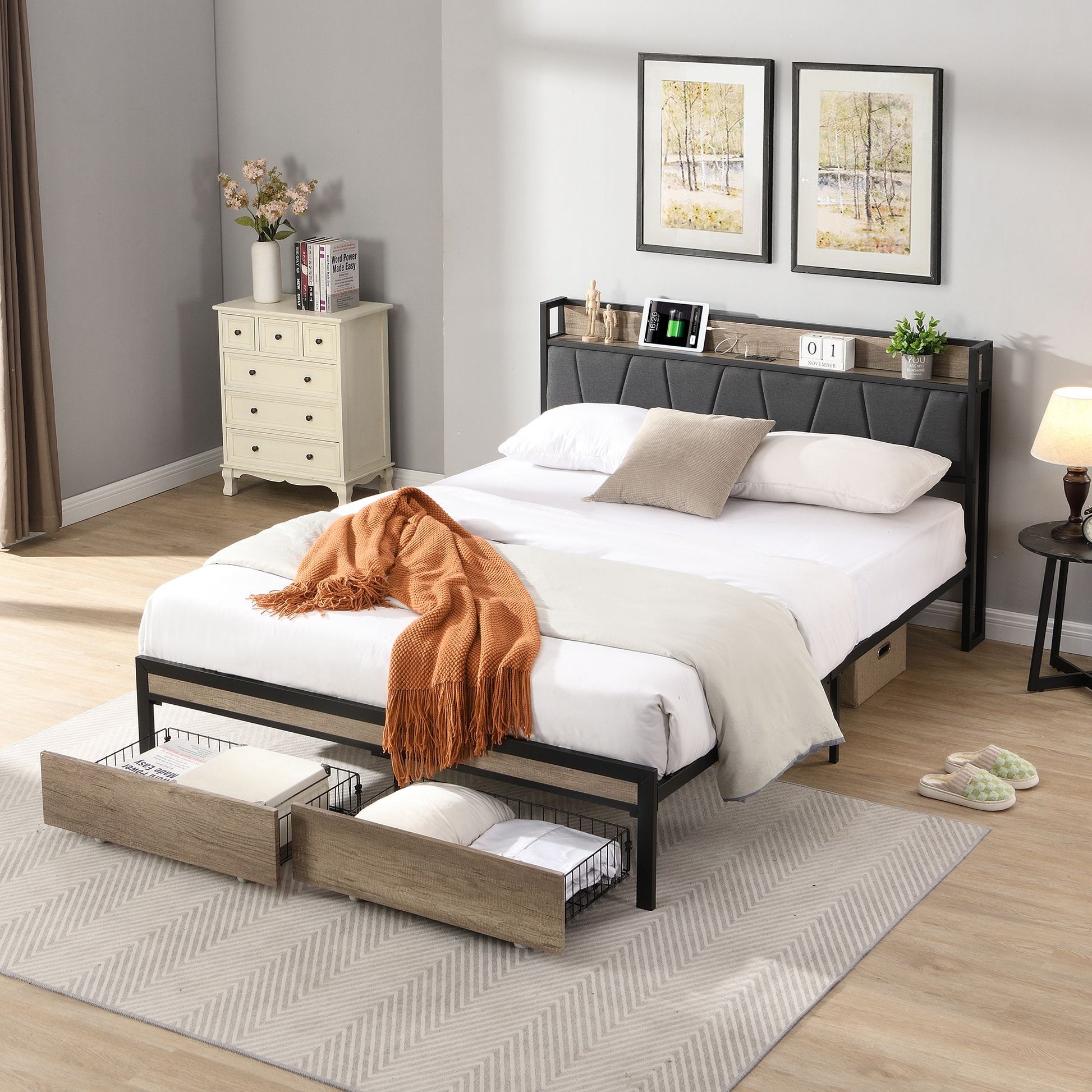 Queen Size Metal Platform Bed Frame with upholstery storage function Headboard and USB LINER and Footboard with drawers  image 1