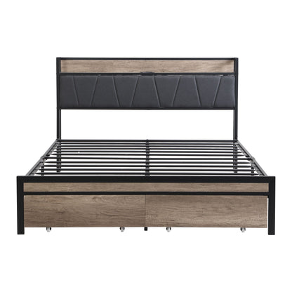 Queen Size Metal Platform Bed Frame with upholstery storage function Headboard and USB LINER and Footboard with drawers  image 3