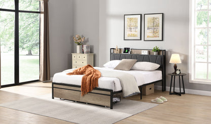 Queen Size Metal Platform Bed Frame with upholstery storage function Headboard and USB LINER and Footboard with drawers  image 2