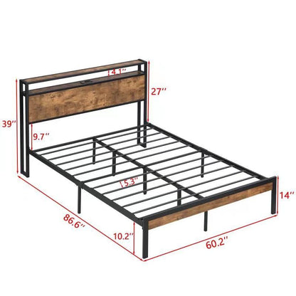 Queen Size Metal Platform Bed Frame with Wooden Headboard and Footboard with USB LINER,LED Lights, No Box Spring Needed, image 10