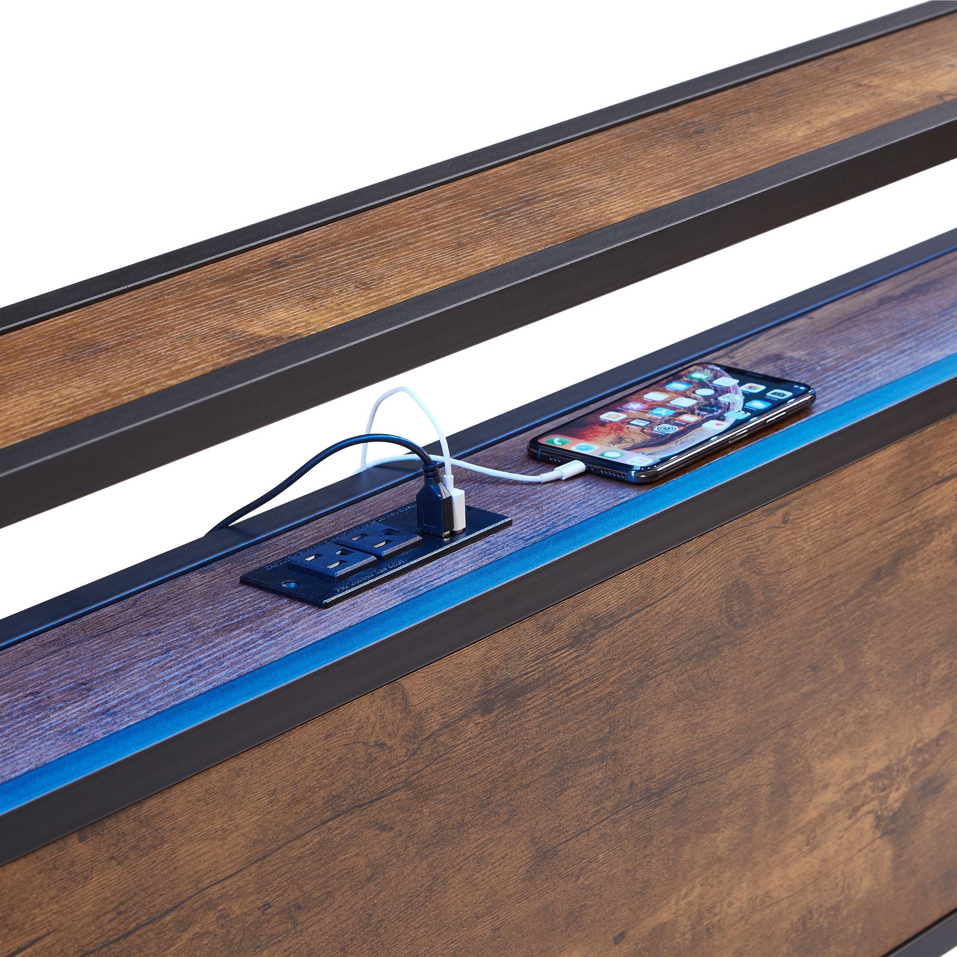 Queen Size Metal Platform Bed Frame with Wooden Headboard and Footboard with USB LINER,LED Lights, No Box Spring Needed, image 8