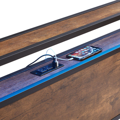 Queen Size Metal Platform Bed Frame with Wooden Headboard and Footboard with USB LINER,LED Lights, No Box Spring Needed, image 8