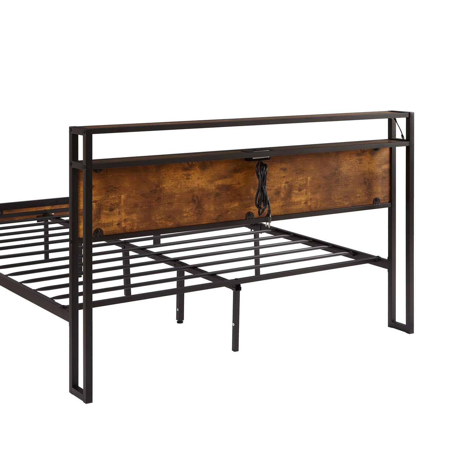 Queen Size Metal Platform Bed Frame with Wooden Headboard and Footboard with USB LINER,LED Lights, No Box Spring Needed, image 2