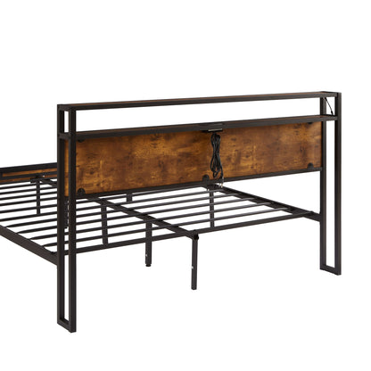 Queen Size Metal Platform Bed Frame with Wooden Headboard and Footboard with USB LINER,LED Lights, No Box Spring Needed, image 2