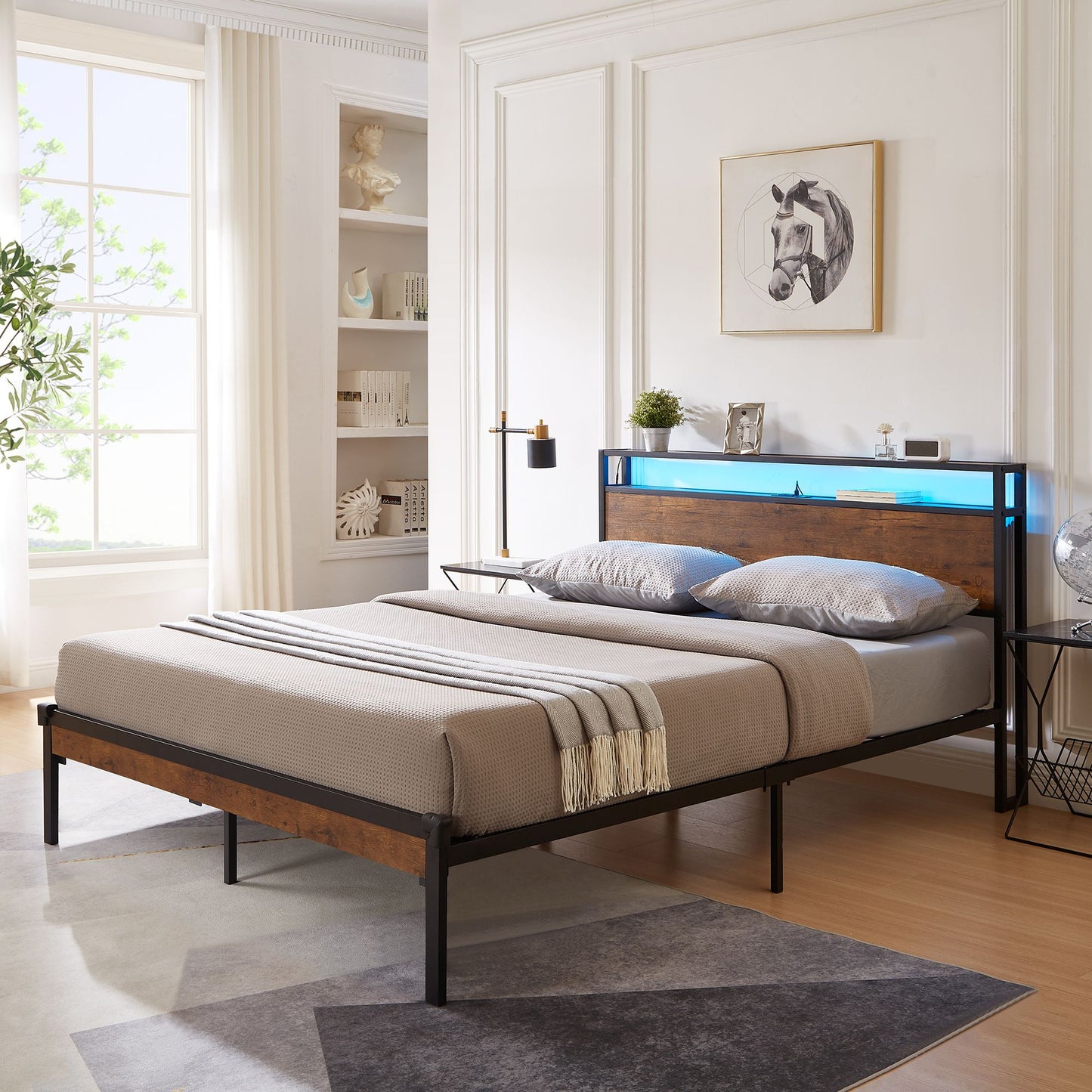 Queen Size Metal Platform Bed Frame with Wooden Headboard and Footboard with USB LINER,LED Lights, No Box Spring Needed, image 1