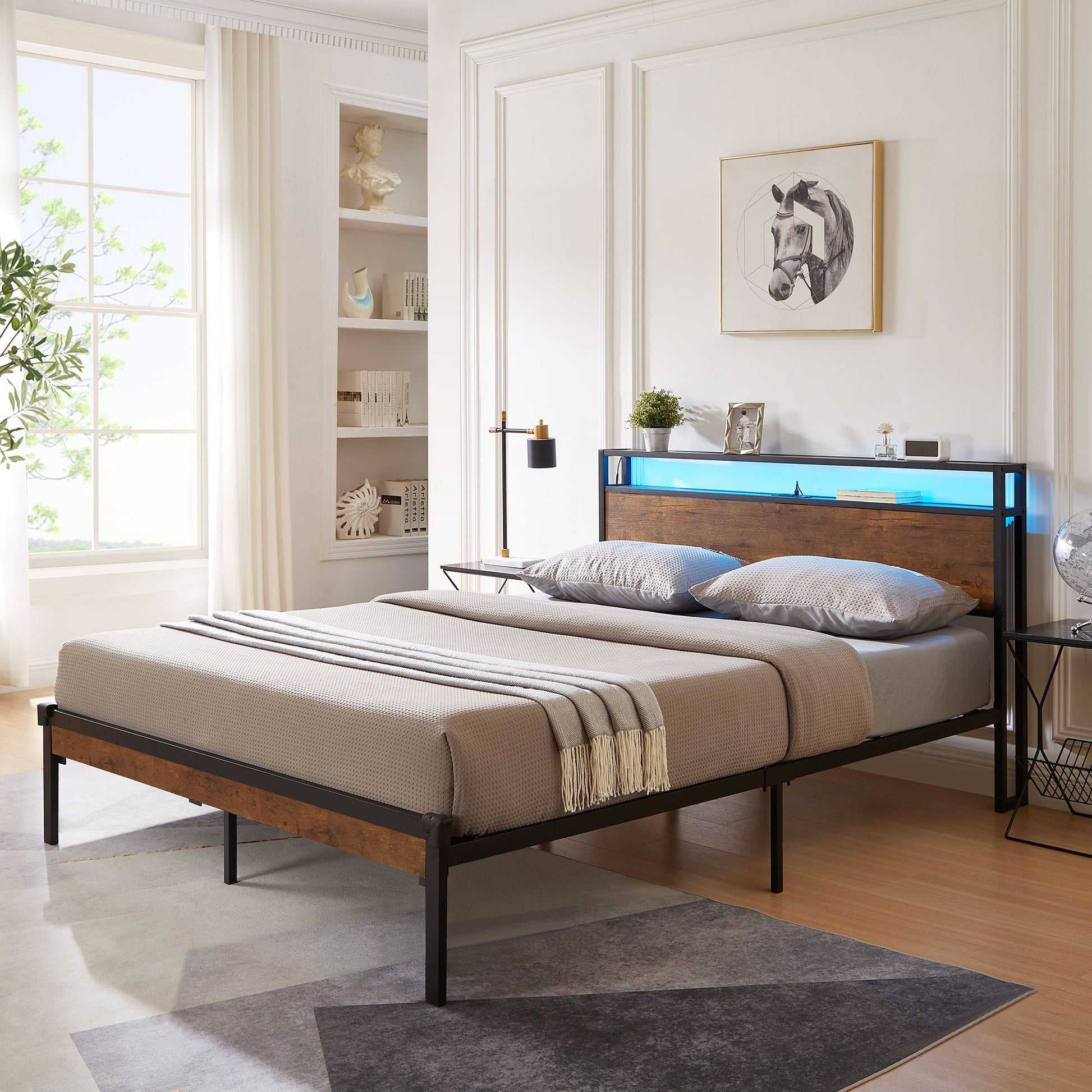Queen Size Metal Platform Bed Frame with Wooden Headboard and Footboard with USB LINER,LED Lights, No Box Spring Needed, image 1