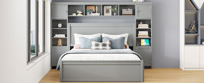Queen Size Wooden Bed With All-in-One Cabinet, Shelf and Sockets,Twin XL Trundle, Gray image 17