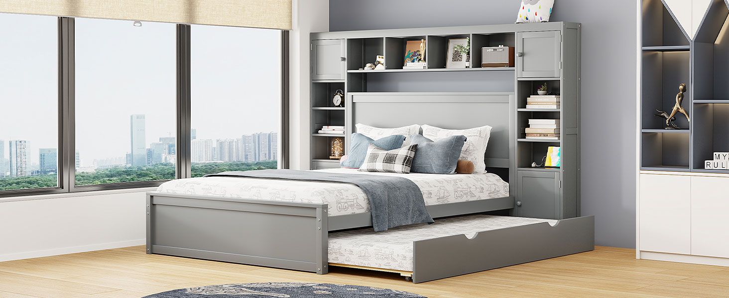 Queen Size Wooden Bed With All-in-One Cabinet, Shelf and Sockets,Twin XL Trundle, Gray image 16