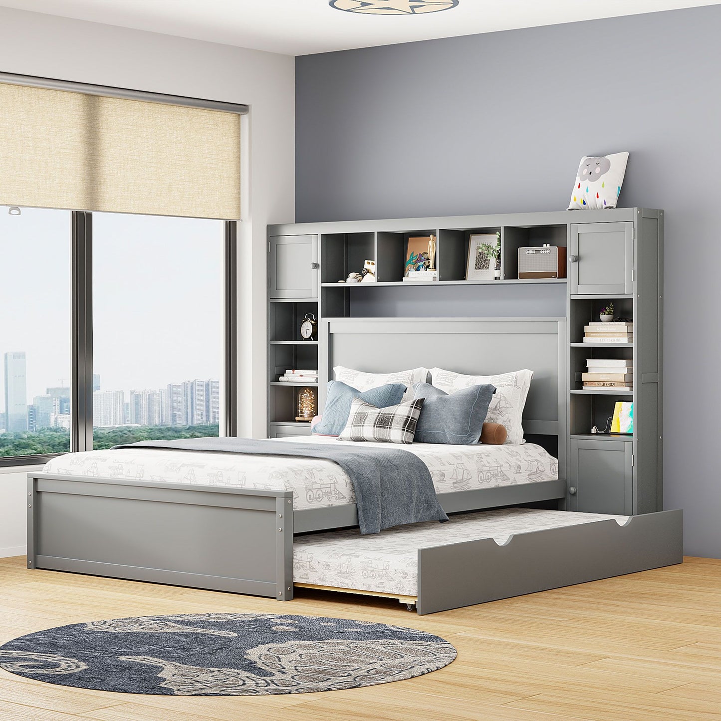 Queen Size Wooden Bed With All-in-One Cabinet, Shelf and Sockets,Twin XL Trundle, Gray image 1