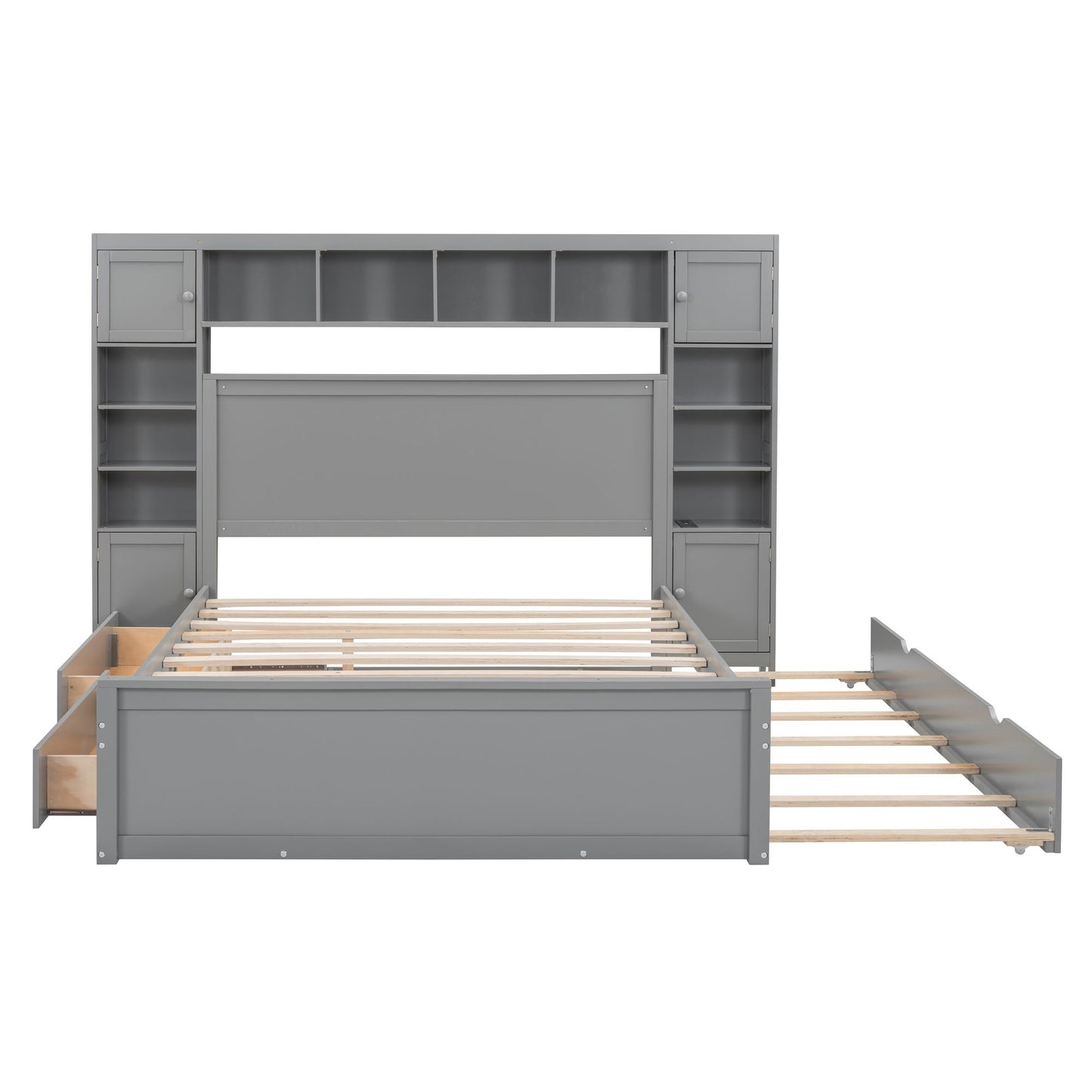 Queen Size Wooden Bed With All-in-One Cabinet, Shelf and Sockets,Twin XL Trundle, Gray image 5