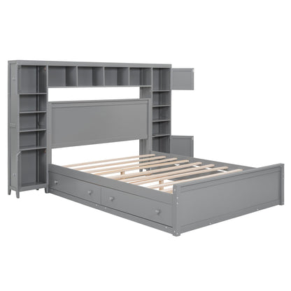 Queen Size Wooden Bed With All-in-One Cabinet, Shelf and Sockets,Twin XL Trundle, Gray image 3