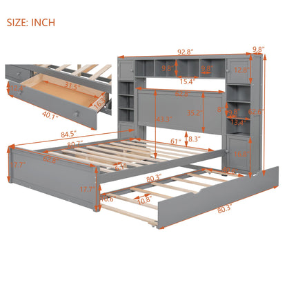Queen Size Wooden Bed With All-in-One Cabinet, Shelf and Sockets,Twin XL Trundle, Gray image 9