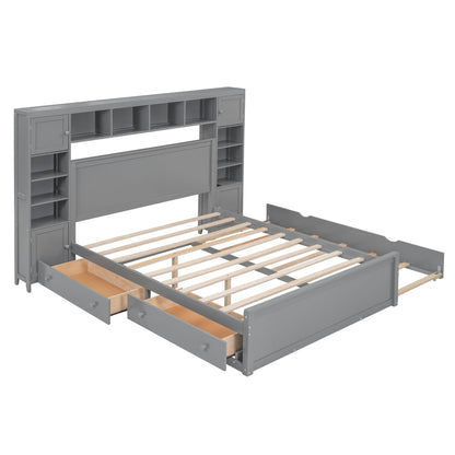 Queen Size Wooden Bed With All-in-One Cabinet, Shelf and Sockets,Twin XL Trundle, Gray image 4