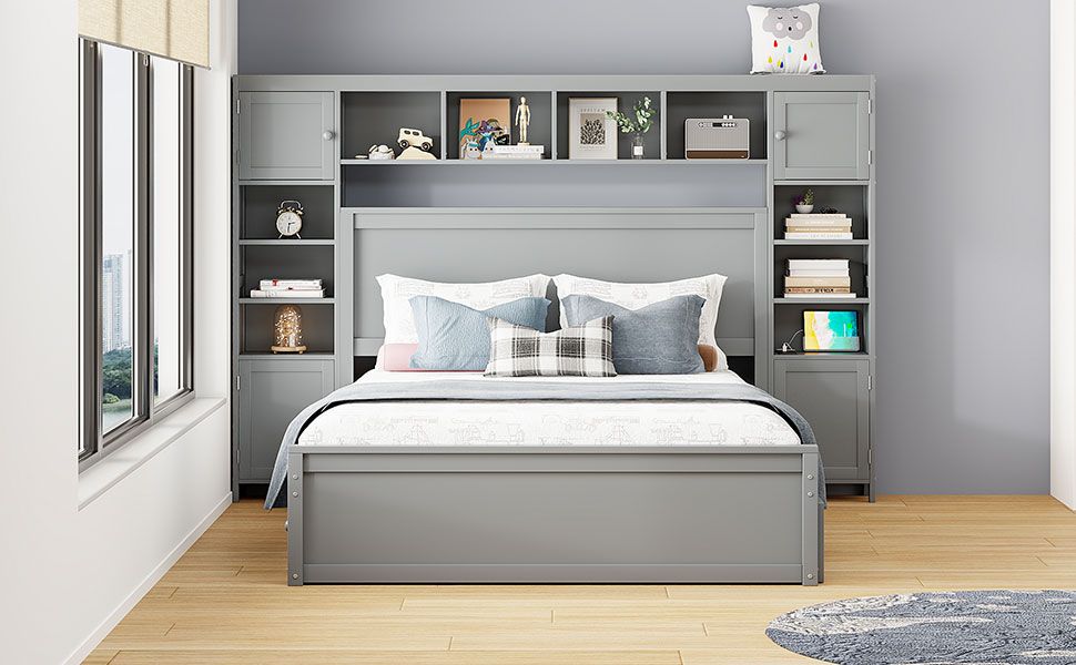Queen Size Wooden Bed With All-in-One Cabinet, Shelf and Sockets,Twin XL Trundle, Gray image 14