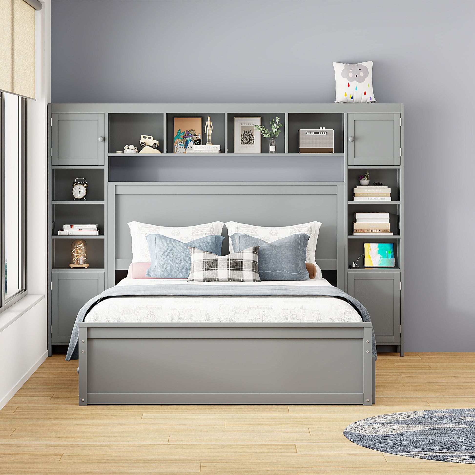 Queen Size Wooden Bed With All-in-One Cabinet, Shelf and Sockets,Twin XL Trundle, Gray image 2