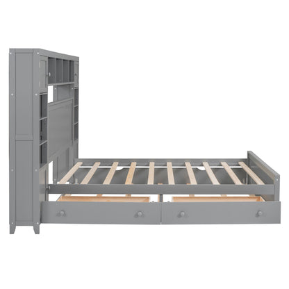 Queen Size Wooden Bed With All-in-One Cabinet, Shelf and Sockets,Twin XL Trundle, Gray image 7