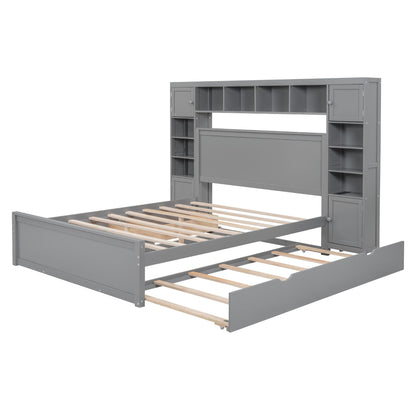 Queen Size Wooden Bed With All-in-One Cabinet, Shelf and Sockets,Twin XL Trundle, Gray image 8