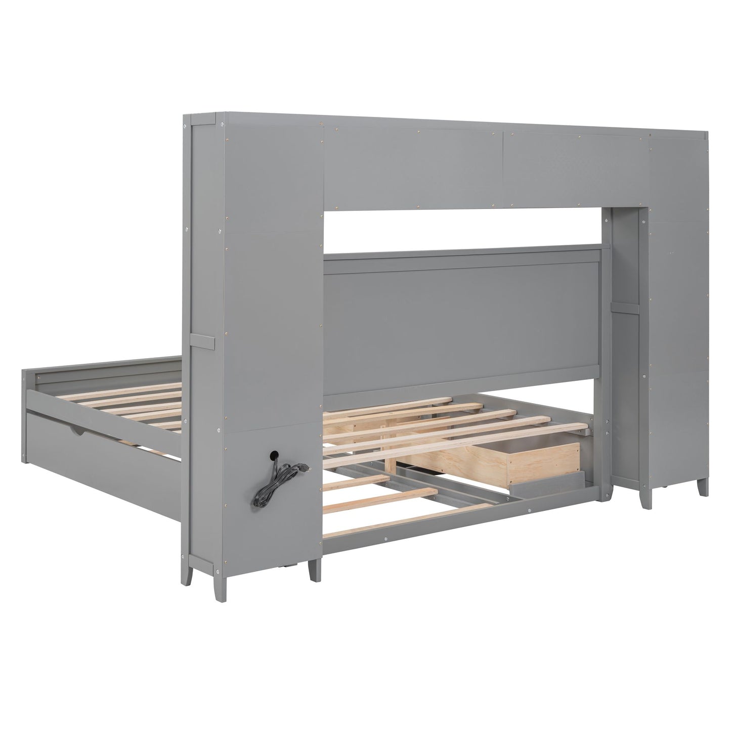 Queen Size Wooden Bed With All-in-One Cabinet, Shelf and Sockets,Twin XL Trundle, Gray image 10