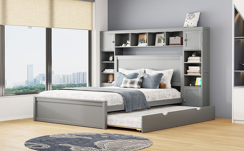Queen Size Wooden Bed With All-in-One Cabinet, Shelf and Sockets,Twin XL Trundle, Gray image 15