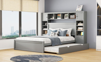 Queen Size Wooden Bed With All-in-One Cabinet, Shelf and Sockets,Twin XL Trundle, Gray image 15