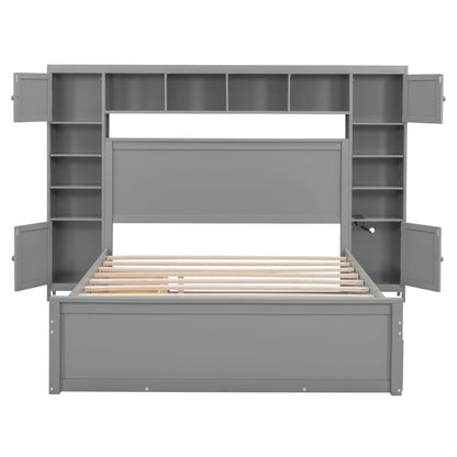Queen Size Wooden Bed With All-in-One Cabinet, Shelf and Sockets,Twin XL Trundle, Gray image 6