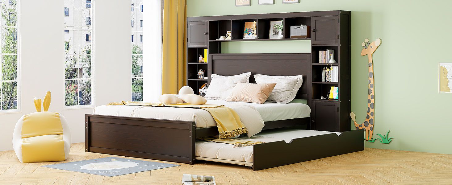 Queen Size Wooden Bed With All-in-One Cabinet, Shelf and Sockets,Twin XL Trundle,Espresso image 17