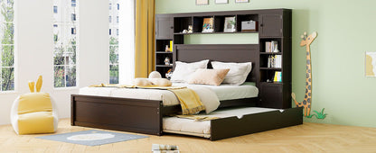 Queen Size Wooden Bed With All-in-One Cabinet, Shelf and Sockets,Twin XL Trundle,Espresso image 17