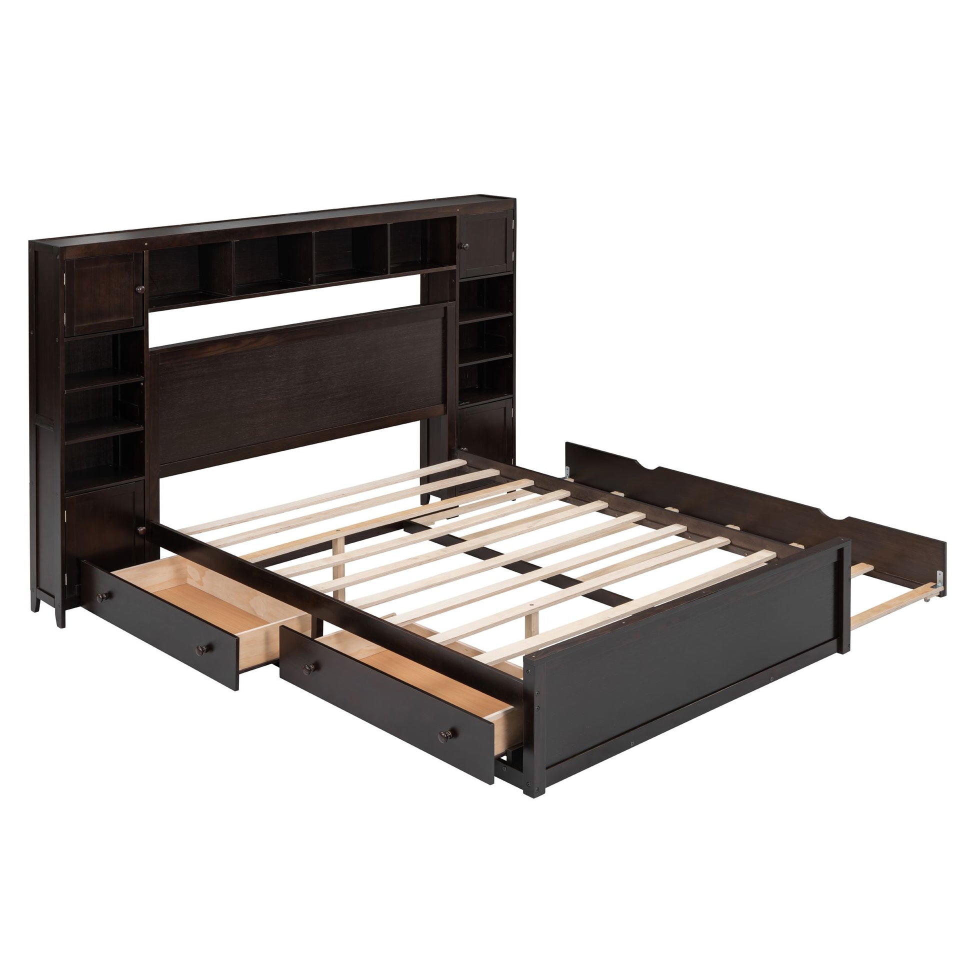 Queen Size Wooden Bed With All-in-One Cabinet, Shelf and Sockets,Twin XL Trundle,Espresso image 4